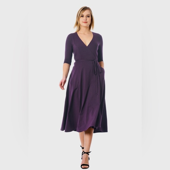 eShakti Purple Wrap Dress Casual Workwear Fall Chic Comfort Teacher Preppy - Picture 4 of 6